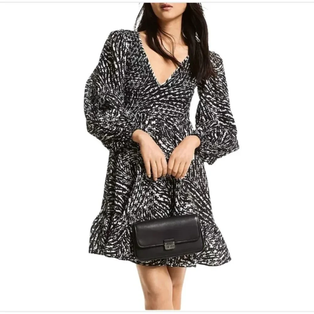 MICHAEL Michael Kors Balloon Sleeve Zebra print smocked eyelet V-neck dress - Picture 1 of 14